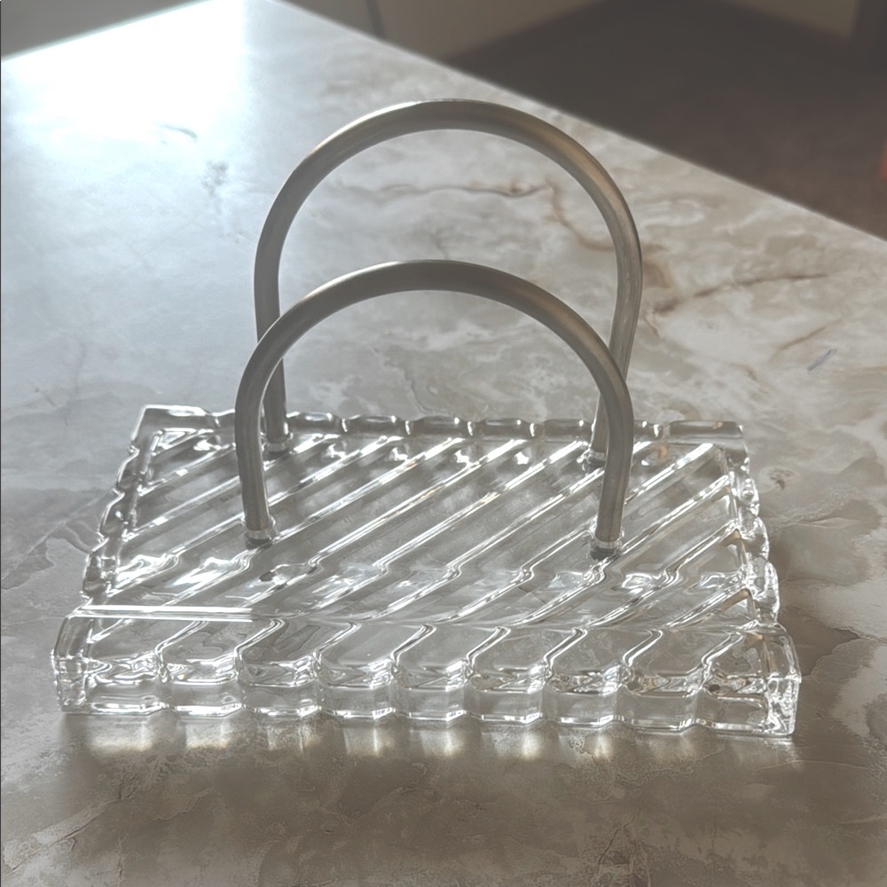 EUC Stylish HEAVY Glass Napkin Holder with Metal Stainless Steel Handles No chip
